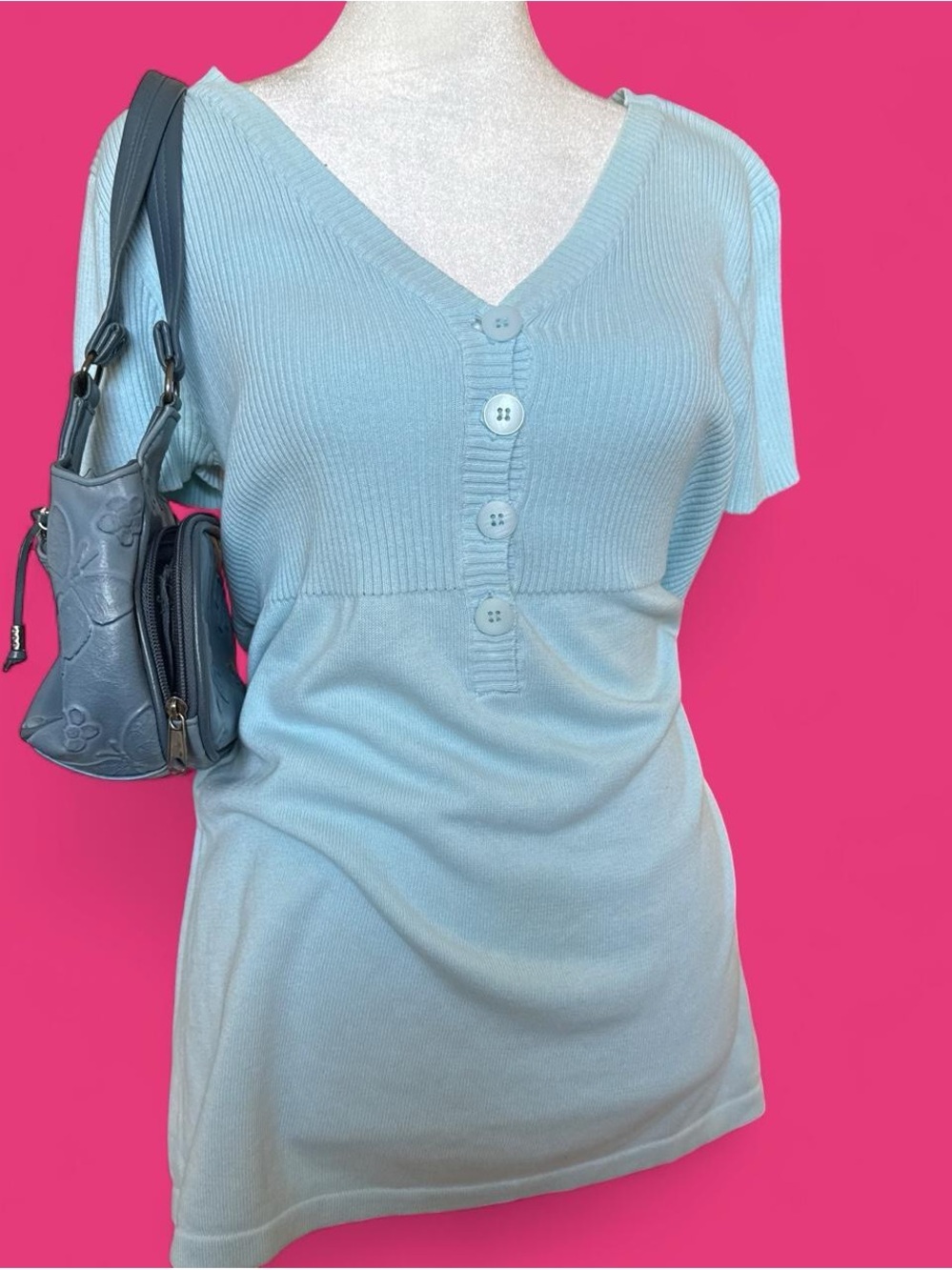 eight eight eight Soft Blue V-Neck Short Sleeve Button Top